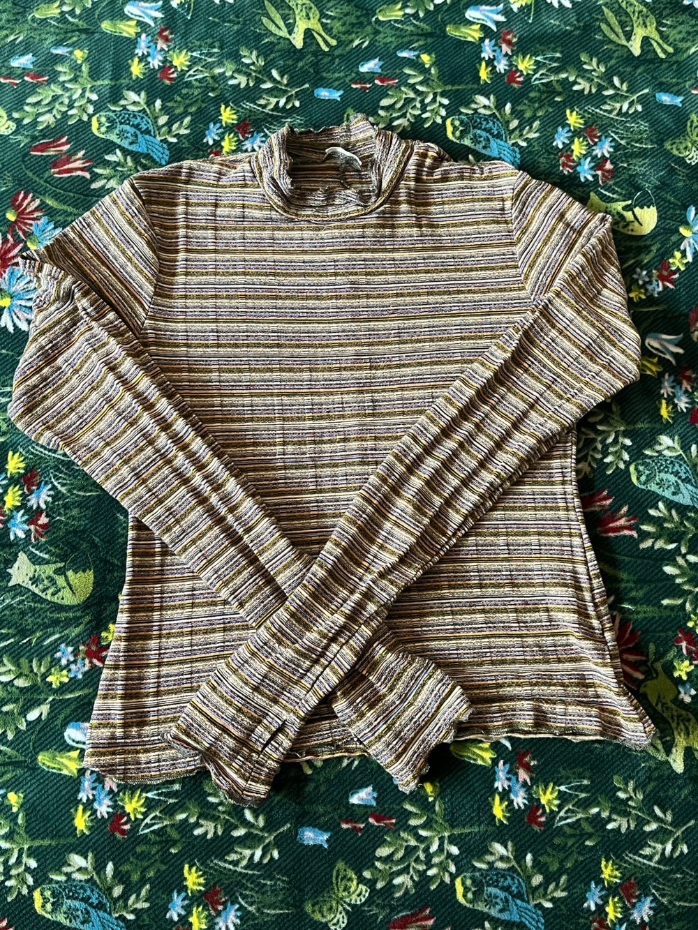 Striped Mock Neck Long Sleeve Top in Olive and Brown multi colored size M